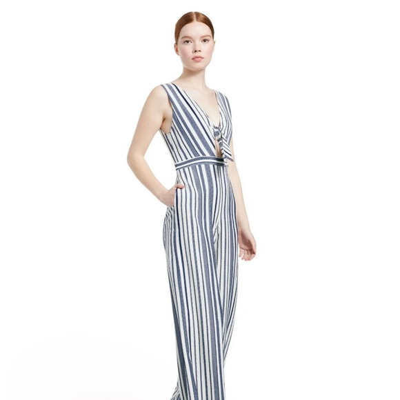 Alice + Olivia Laurice Knot Front Striped Wide Leg Jumpsuit in Blue/White Size 6 - Picture 2 of 16